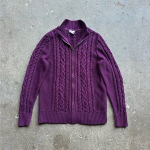 L.L.Bean Purple Cable Knit Zip Sweater 100% Cotton Petite Medium